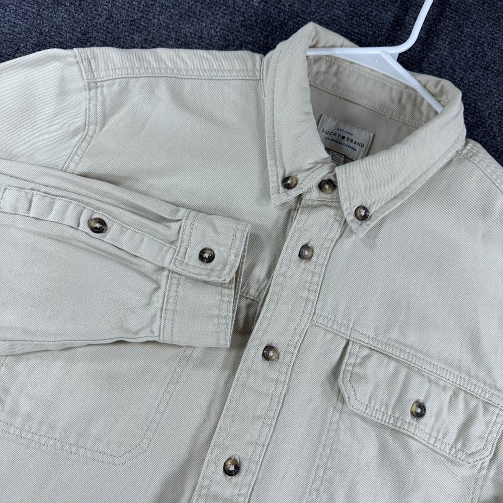 Lucky Brand Button Down Mens XL Extra Large Beige Twill Cotton Long Sleeve Shirt